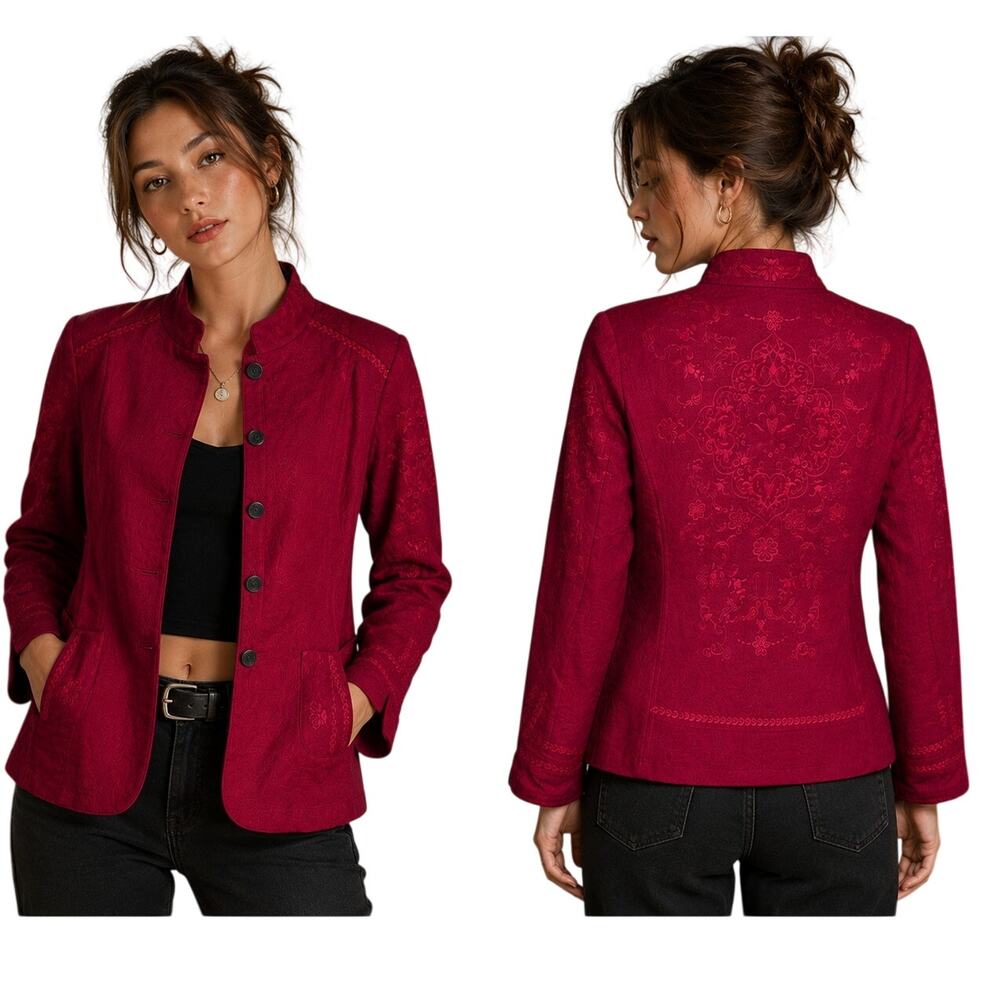 Coldwater Creek Red Floral Embroider Blazer 10 Casual Chic Asian Inspired Jacket